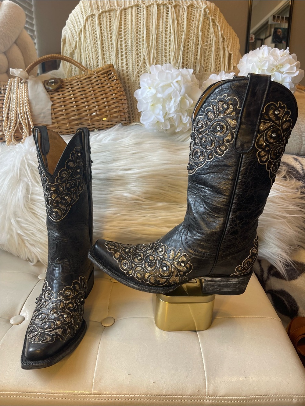 Yippee Ki Yay by Old Gringo Black & Gold Western Rhinestone Leather Boots